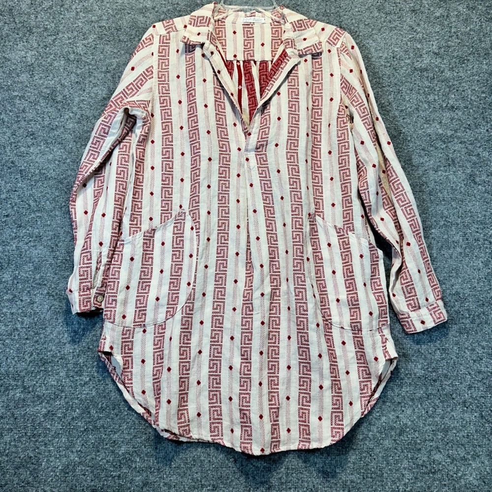 Free People x CP Shades Tunic Women XS Red Linen Greek Key Boho Coastal 798-857
